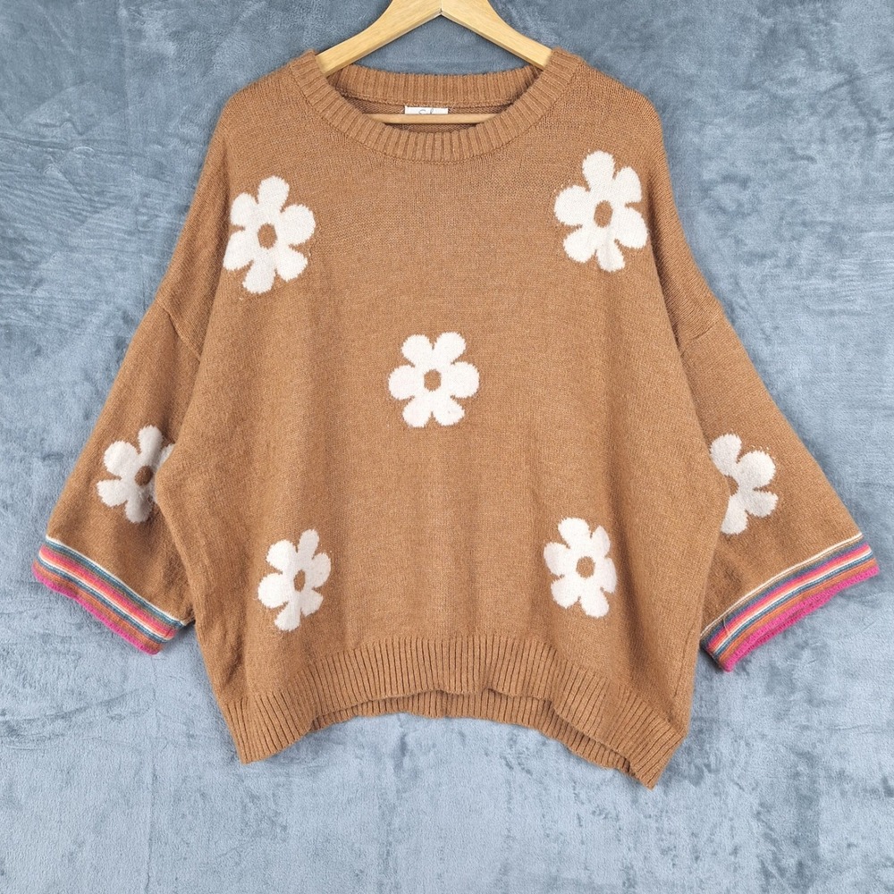 Womens Sweater Large Brown Boho Retro Hippie Daisy Floral Relaxed Oversized